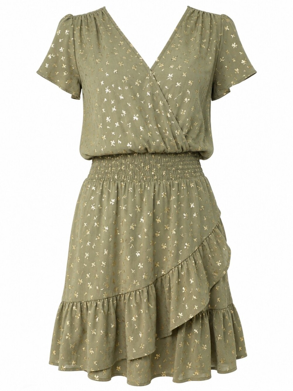 #1161 Michael Kors Smoky Olive Gold Foil Flutter Sleeve Ruffle Wrap Dress